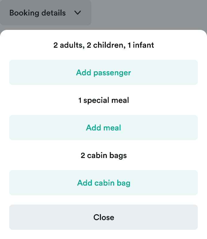 A popover with buttons to add passenger, add special meals, and add cabin bags.